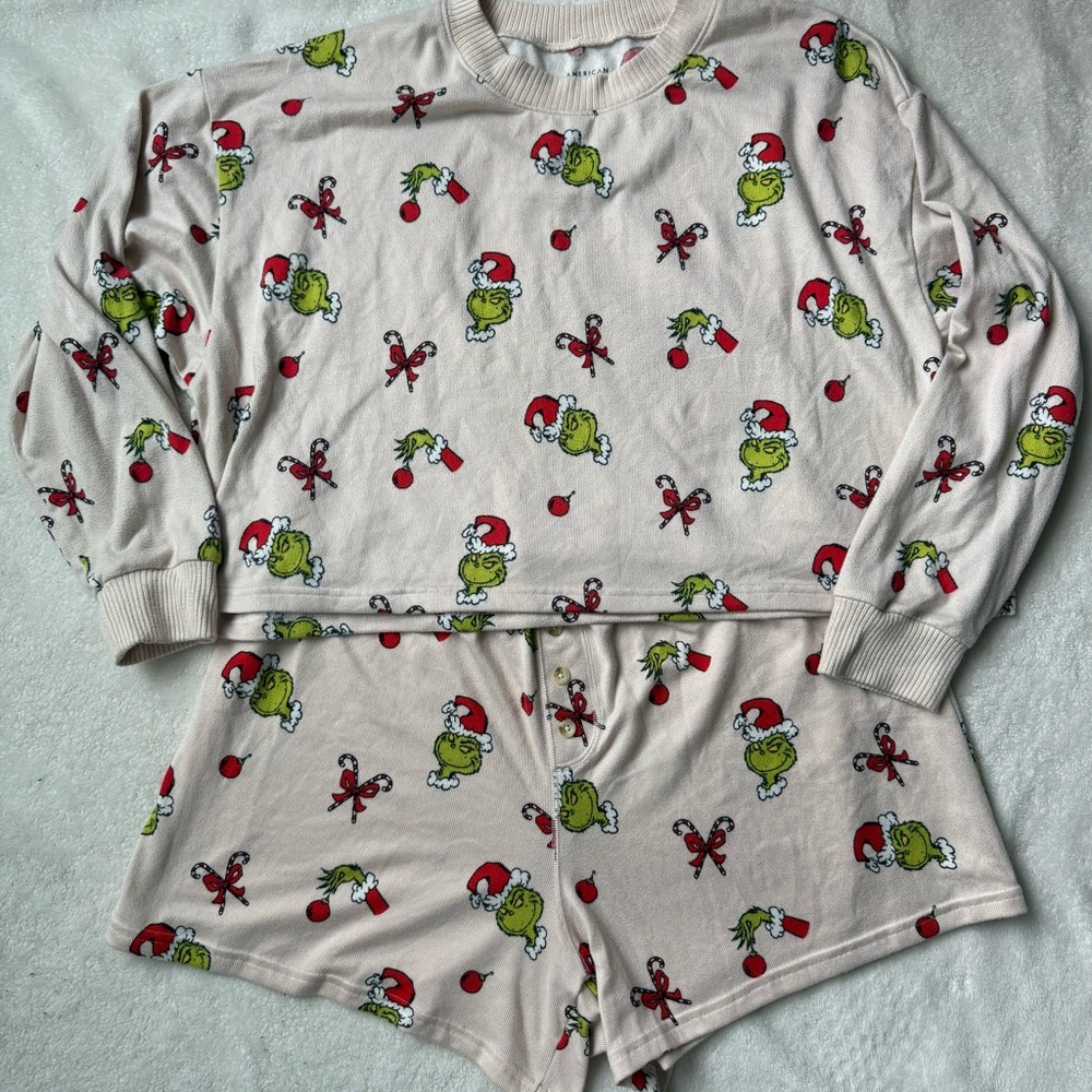 American Eagle Outfitters Holiday Pajama Set - Cream with Red and Green